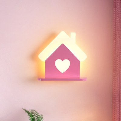 Cartoon House Sconce Lighting Iron LED Girls Room Wall Mounted Lamp in Pink with Loving Heart Shape, White/3 Color Light