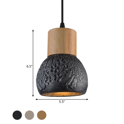 Cement Domed Hanging Lighting Vintage 1 Bulb Bedside Pendant Lamp in Black/Grey/Brown and Wood with Butterfly Pattern
