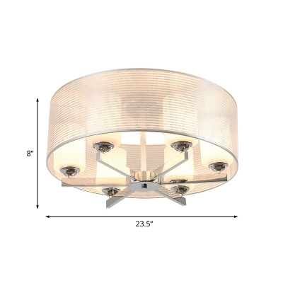 Chrome Cylinder Semi Flush Lighting Modern 6-Head White Milk Glass Flushmount Lamp with Drum Shade