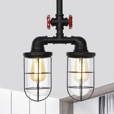 Clear Glass Black Semi Mount Lighting Cage 2 Heads Industrial-Style Flush Ceiling Lamp