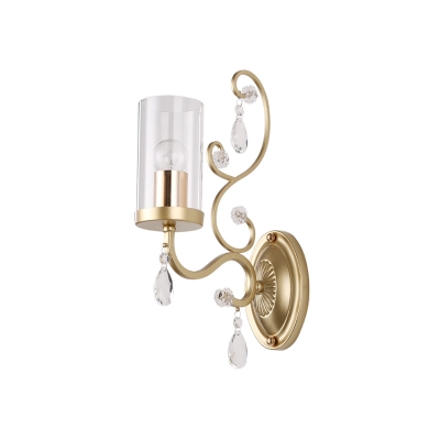 Clear Glass Brass Sconce Cylinder 1/2-Bulb Modern Wall Mount Light with Dangling Crystal