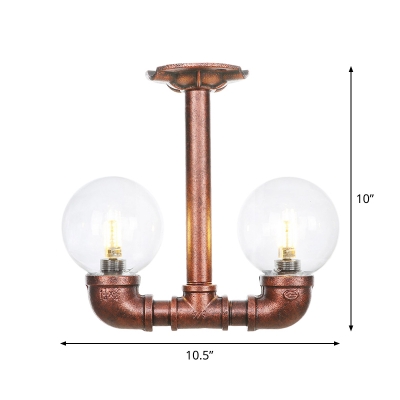 Clear Glass Copper LED Semi Flush Lighting Globe 2-Light Vintage Flush Mounted Lamp