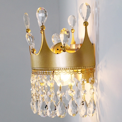 Crown Shaped Metal LED Sconce Lighting Cartoon 2 Heads Gold Finish Wall Lamp Fixture with Crystal Drop Deco