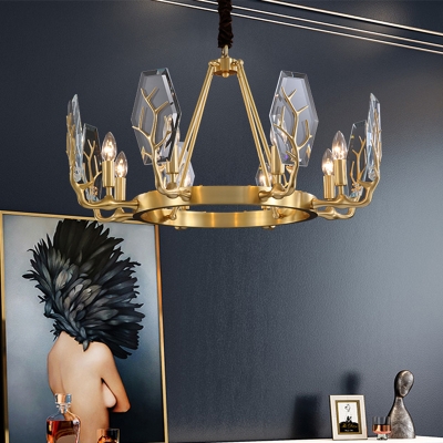 Crystal Panel Hanging Chandelier Modernist 6/8 Bulbs Brass Finish Pendant Lighting with Antler Arm