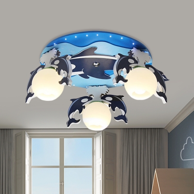 Dolphin Flush Mount Cartoon Wood 3 Bulbs Blue LED Flush Ceiling Light with Orb White Glass Shade