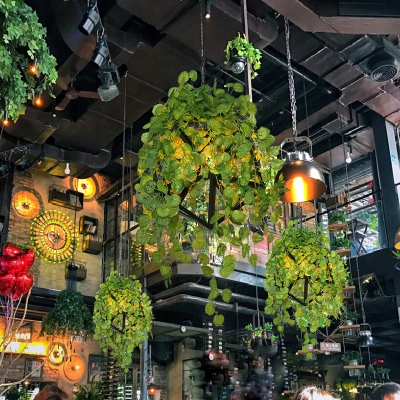 Geometric Cage Iron Hanging Lamp Warehouse 1 Bulb Restaurant Pendant Light Fixture in Black with Green Plant