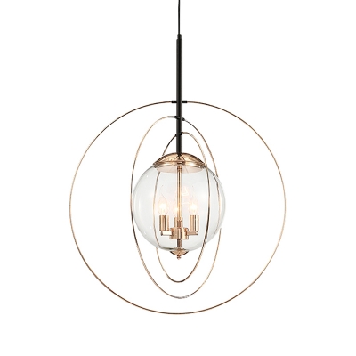 Globe Dining Room Chandelier Modern 3 Lights Clear Glass Hanging Light Kit with Interlocking Ring Guard in Gold