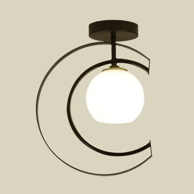 Globe White Glass Semi Flushmount Modern 1-Light Black Flush Ceiling Lamp with Moon Iron Frame
