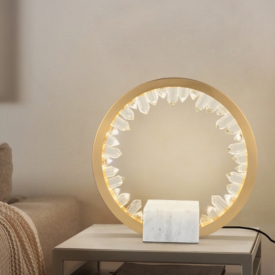 Gold LED Nightstand Light Vintage Clear Crystal Icicle Circular Table Lamp with Marble Base