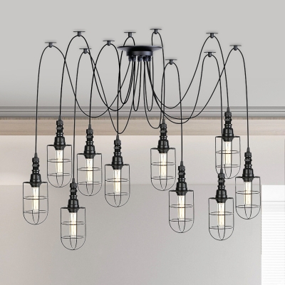 Iron Black Finish Swag Multi Light Pendant Wire Cage 2/3/6 Bulbs Farmhouse Mini Hanging Ceiling Lamp