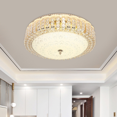 Ivory Glass Circular Flush Light Modern LED Living Room Flush Mount in Gold with Crystal