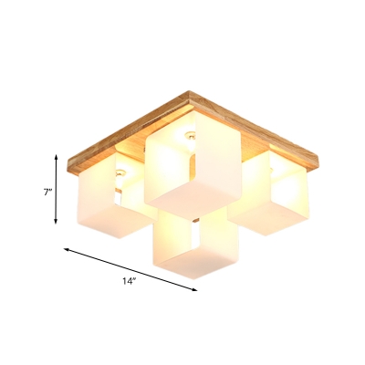 Japanese Cube Frame Flushmount Lighting White Glass 4-Head Bedroom LED Ceiling Flush with Wood Canopy