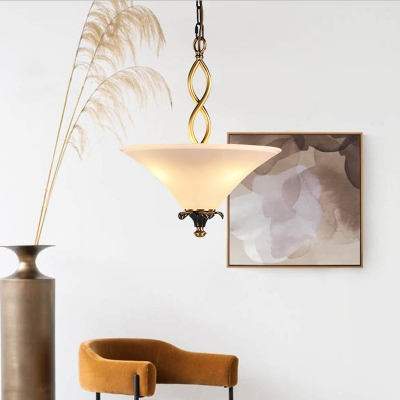 Lodge Inverted Flare Chandelier 3-Bulb Frosted White Glass Pendant Lighting with Twisted Arm in Brass