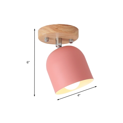 Macaron 1-Bulb Semi-Flush Mount Light Pink Finish Bell Rotatable Close to Ceiling Lamp with Iron Shade