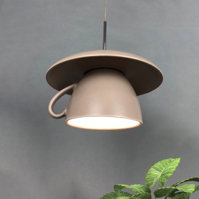 Macaron Coffee Cup Shape Pendant Lighting Ceramics 1-Light Restaurant LED Ceiling Suspension Lamp in Pink/Grey/Green