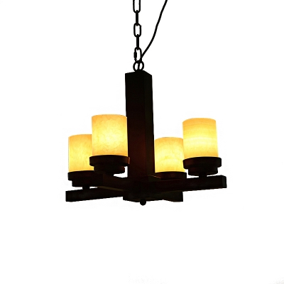Marble White Chandelier Pendant Pillar Shade 4 Lights Rural Style Hanging Lamp with Cross Fixture Arm