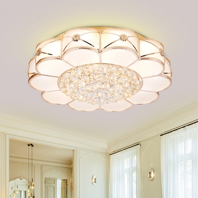Milk Glass Scalloped Flush Light Simplicity LED Living Room Flush Mount in Gold with Crystal Ball