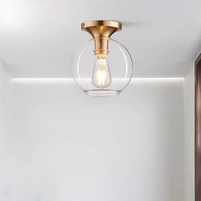 Minimalist Globe Ceiling Light Clear Open Glass 1 Head Passage Flush Mount Fixture in Brass