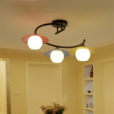 Nordic 3-Light Semi Mount Lighting Red-Yellow-Blue Saucer Flush Ceiling Light with Orb Milk Glass Shade and Twisted Arm