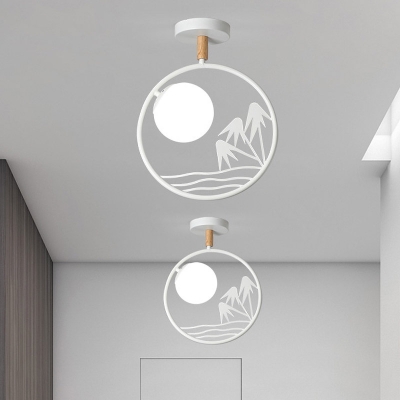 Nordic Creative Circle Semi Flush Mount Milk Glass Single Corridor Ceiling Lighting with Sea Sunrise Scene in White/Grey/Green