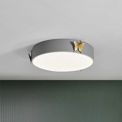 Nordic Round LED Ceiling Light Acrylic Bedroom Flush Mount Recessed Lighting in Grey with Butterfly Decor, Warm/White Light