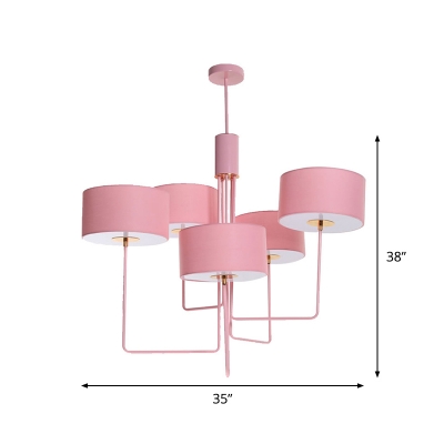 Pink Finish Drum Ceiling Chandelier Minimalist 5-Bulb Fabric Pendant Lamp Kit for Dining Room