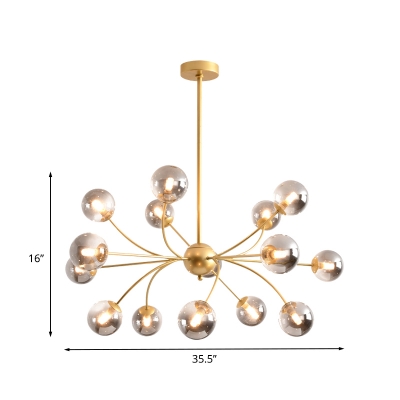 Postmodern Spherical Ceiling Chandelier Smoke Gray/Cognac Glass 15-Head Living Room Arced Suspension Light in Gold
