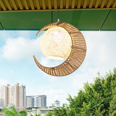 Rattan Crescent and Dome Pendant Lighting Asian 1 Bulb Flaxen Hanging Lamp for Terrace