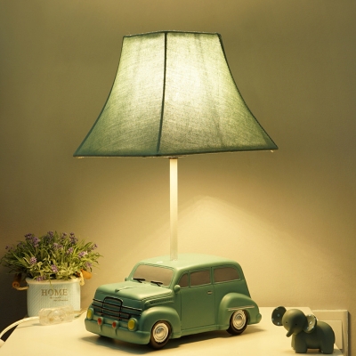 Resin Car-Like Night Table Lighting Cartoon LED Green Night Lamp with Empire Fabric Shade