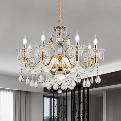 Retro Candle Style Chandelier 6/8 Heads Crystal Suspension Pendant Light with Bell Shade in Gold