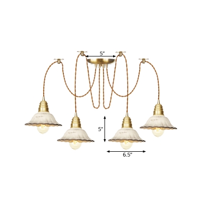 Scalloped Ceramics Multiple Hanging Light Traditional 2/4/6 Bulbs Dining Room Swag Suspension Lamp in Gold