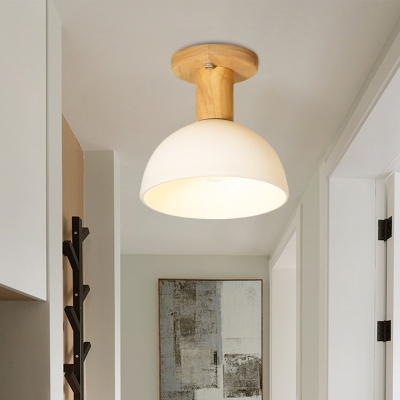 Simple Dome Semi Flush Light Fixture White Glass 1 Bulb Hallway Ceiling Mounted Lamp in Wood
