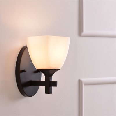 Single 4-Side Taper Mini Wall Lamp Retro Black Frosted White Glass Sconce for Living Room