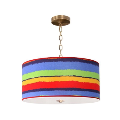 Striped Fabric Drum Pendant Lamp Kids 1-Light Red and Blue Hanging Light Fixture