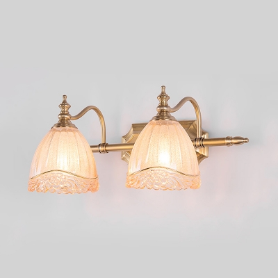Traditional Bell Vanity Light 2 Heads Ribbed Glass Sconce in Brass with Carved Rose Edge