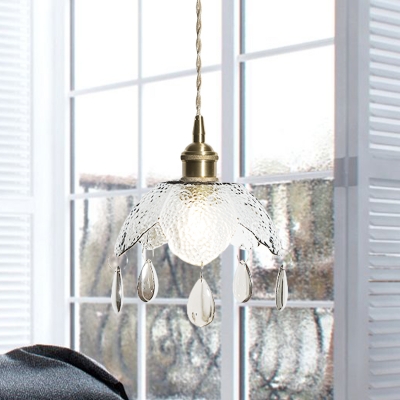Vintage 1 Bulb Pendant Lighting Brass Scalloped Bowl Ceiling Hang Fixture with Clear/Smoke Gray Water Glass Shade