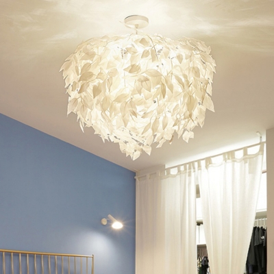 White Leaf Semi Flush Mount Lighting Contemporary 4 Lights Fabric Flush Ceiling Lamp for Bedroom