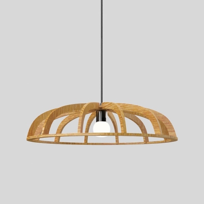 Wood Flat Bowl Frame Pendant Asia-Style 1 Head Beige Hanging Ceiling Light for Foyer