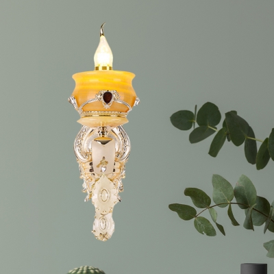 1/2-Head Wall Mounted Fixture Antique Pottery Amber Glass Sconce Lighting in Gold with Crystal Accent