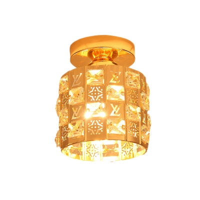 1 Bulb Cylinder Cutouts Mini Flush Light Modern Gold Crystal Encrusted Ceiling Mounted Lamp