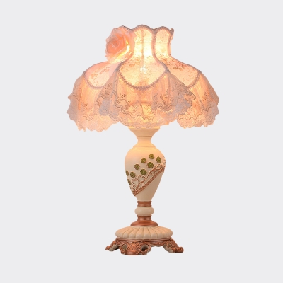 1 Bulb Urn Base Table Lamp Romantic Pastoral Resin Beige Nightstand Light with Dress Fabric Shade