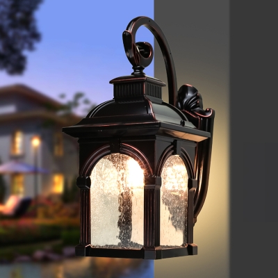 1-Bulb Wall Mounted Lamp Classic Style Lantern Clear Seeded Glass Sconce Lighting in Coffee for Outdoor