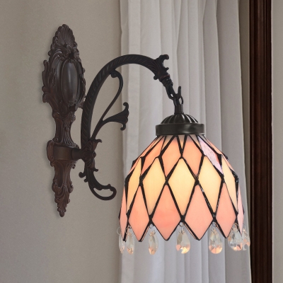 1 Head Dining Room Wall Light Tiffany Bronze Sconce with Bell Diamond-Cut Glass Shade and Crystal Fringe