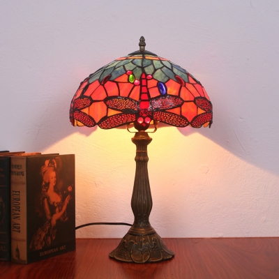 1 Light Bedroom Night Lamp Baroque Bronze Dragonfly Patterned Table Light with Bowl Stained Glass Shade