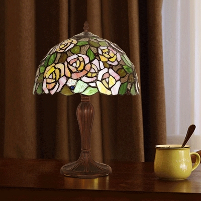 1 Light Rose Night Lighting Victorian Style Coffee Hand Cut Glass Desk Light for Bedroom