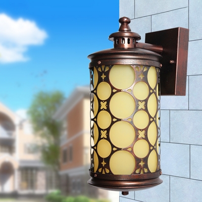 1 Light Wall Light Fixture Classic Style Cylinder Yellow Glass Wall Mount Lamp in Bronze with Dotted Patter