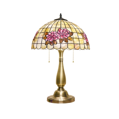 2 Lights Night Table Light Victorian Lattice Bowl Shell Pull Chain Desk Lamp in Gold with Rose Pattern