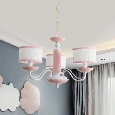 3/6 Heads Bedroom Hanging Lamp Macaron Pink/Blue Finish Ceiling Chandelier with Drum Fabric Shade