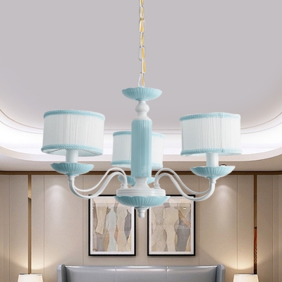 3/6 Heads Bedroom Hanging Lamp Macaron Pink/Blue Finish Ceiling Chandelier with Drum Fabric Shade