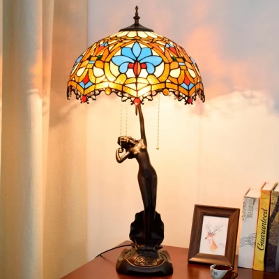 3 Bulbs Night Table Lighting Tiffany Style Stained Glass Beaded/Petal Patterned Nightstand Lamp in Blue and Brown/Yellow and White